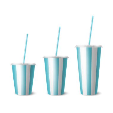Vektör 3d Gerçekçi Beyaz, Mavi Çizgili Kağıt Atılabilir Kupa Seti, Lid, Saman. İçecek, içecek, kahve, soda, çay, kokteyl, milkshake. Mockup için Paketleme Şablonu Tasarımı. Ön Görünüm, izole edilmiş