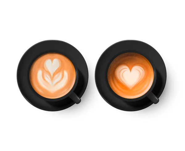 病媒3D现实陶瓷黑色咖啡杯，杯，酱料，牛奶咖啡，泡沫集隔离。浓缩咖啡卡布奇诺拿铁咖啡花，心脏模式。7.病媒说明。设计模板。顶视图 — 图库矢量图片