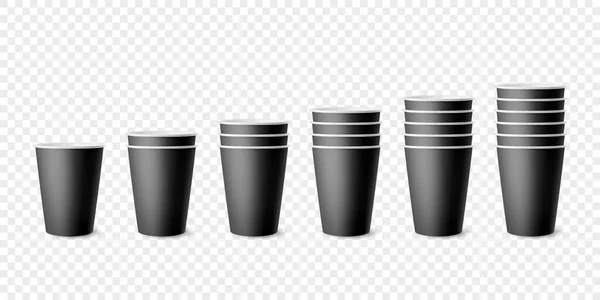 Vector 3d Realisztikus fekete papír fényes eldobható kupa készlet, kupa kupa ital, italok elszigetelt. Kávét, üdítőt, teát, koktélt, turmixot. Tervezz csomagolási sablont a Mockup számára. Elülső nézet — Stock Vector