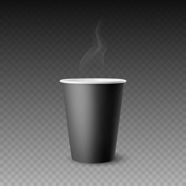 Vektor 3d realistické černé papírové lesklé jednorázové pohár pro nápoje, nápoje s kouřem izolované. Káva, soda, čaj, koktejl, koktejl. Návrh šablony balení pro Mockup. Pohled zepředu — Stockový vektor
