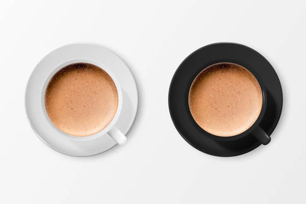 Vecteur 3d réaliste en céramique blanche et noire tasse à café, tasse, soucoupe, café au lait, ensemble de mousse isolé. Espresso, Capuccino, Latte. Fleur, motif coeur. Illustration vectorielle. Modèle de conception. Vue du dessus — Image vectorielle