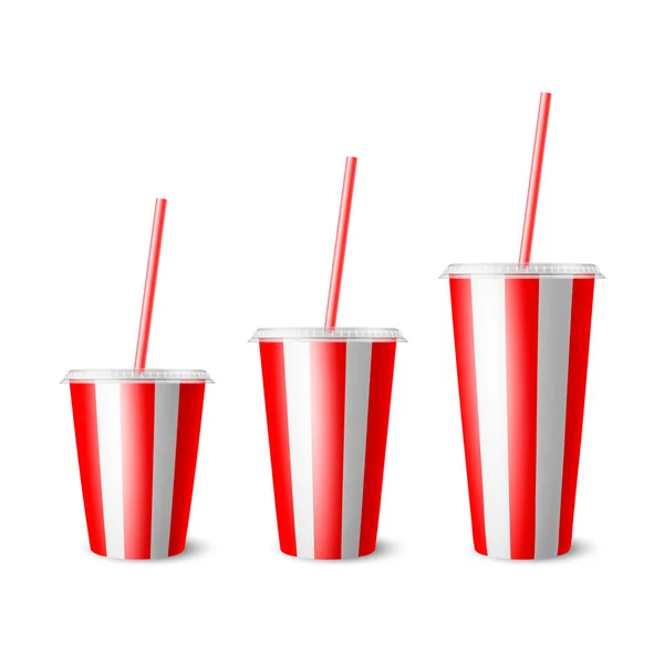 Vector 3d Realistic Red Striped Paper Disposable Cup Set, Lid, Straw. 음료, 음료, 음료, 커피, 소다, 차, 칵테일, 밀크셰이크. Design Template of Packaging for Mockup. 고립 된, 전면적 인견 해 — 스톡 벡터