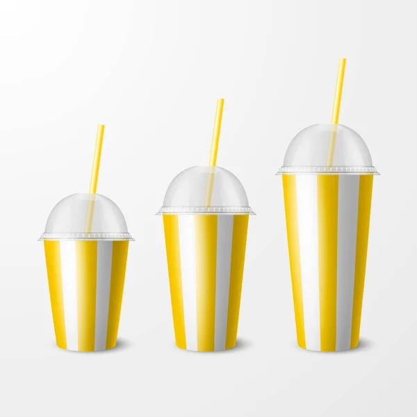 Vektör 3d Gerçekçi Sarı Çizgili Kağıt Kullanılabilir Kupa Seti, Lid, Straw. İçecek, içecek, kahve, soda, çay, kokteyl, milkshake. Mockup için Paketleme Şablonu Tasarımı. Ön Görünüm, izole edilmiş — Stok Vektör