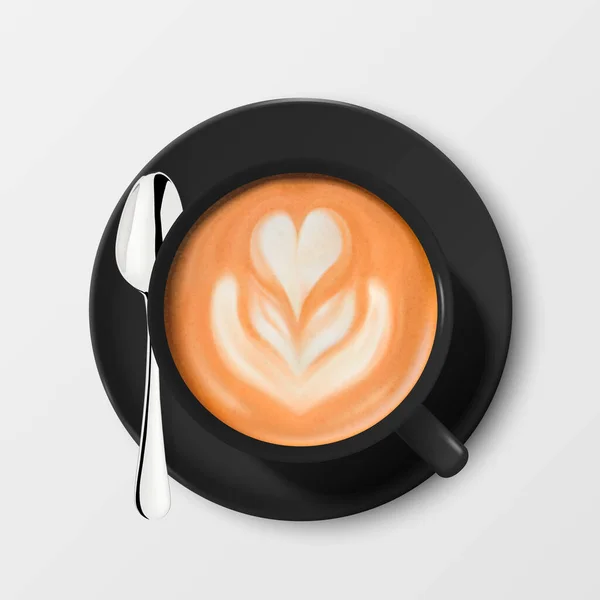 Taza de cerámica de porcelana negra realista del vector 3d, café de leche, espuma, patrón del corazón. Cuchara de plata de acero, platillo aislado. Capuchino, Latte. Plantilla de diseño para burla. Vista superior — Vector de stock