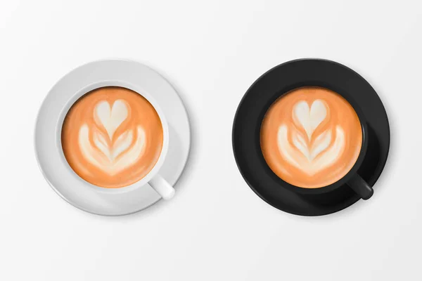 Vektor 3d realistické keramické bílé a černé káva hrnek, šálek, talíř izolované. Mléčná káva, pěna, květina, srdce vzor. Espresso, Capuccino, Latte. Navrhnout šablonu. Pohled nahoru — Stockový vektor