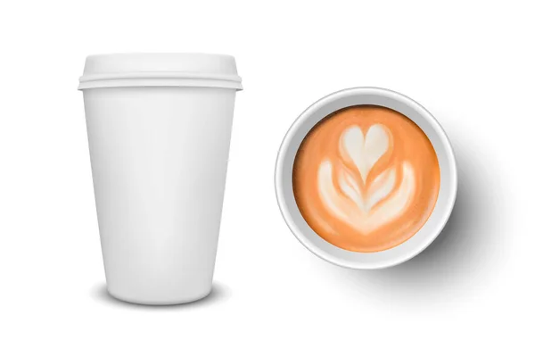 Векторная 3D реалистичная бумага Белый одноразовый набор чашки, изолированные с молоком кофе, пены, цветов, сердца. Изолирована. Латте, Капучино. Фондовый вектор. Дизайн шаблона. Вид сверху и спереди — стоковый вектор