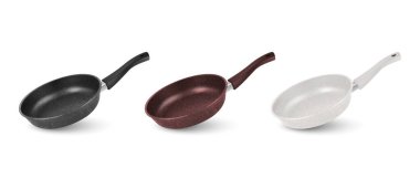 Vektör 3d Gerçekçi Siyah, Kahverengi, Beyaz Boş Kızartma Tava Simgesi Kümesi Beyaz Arkaplanda İzole Edildi. Tasarım Şablonu, Model