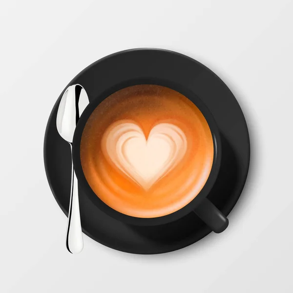 Vector 3d Realistic Ceramic Black Coffee Mug, Cup, Saucer and Teaspoon Isolated on White Background. Milk Coffee, Foam, Heart Pattern. Espresso, Capuccino, Latte. Design Template. Top View — Stock Vector