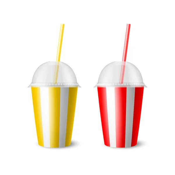 Vector 3d Realistic Paper Disposable Cup Set for Beverage, Drinks Isolated Жовті, червоні, білі смуги. Кава, сода, чай, коктейль, молочний коктейль. Дизайн шаблону упаковки для Mockup. Передній вид — стоковий вектор