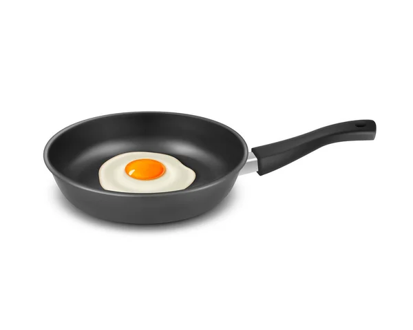 Vector 3d Refleic Black Frying Pan with Fried Edd, Omelet Inside Isolated on White Foundation. Завтрак, Концепция питания. Шаблон дизайна, макет — стоковый вектор