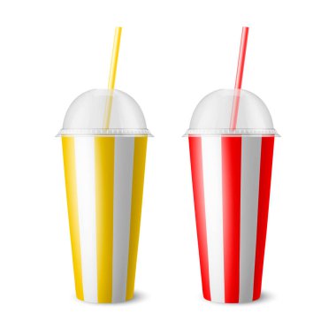 Vektör 3d Gerçekçi Kağıt Harcanabilir Bardak İçecek İçin Ayarlandı, İçecekler ayrı tutuldu. Sarı, kırmızı, beyaz çizgili. Kahve, soda, çay, kokteyl, milkshake. Mockup için Paketleme Şablonu Tasarımı. Ön Görünüm