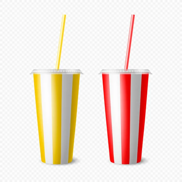 Vector 3d Realistic Paper Disposable Cup Set for Beverage, Drinks Isolated Жовті, червоні, білі смуги. Кава, сода, чай, коктейль, молочний коктейль. Дизайн шаблону упаковки для Mockup. Передній вид — стоковий вектор