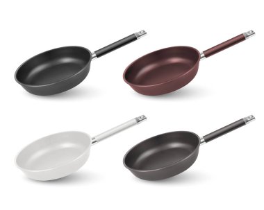 Vektör 3d Gerçekçi Siyah, Kahverengi, Beyaz Boş Kızartma Tava Simgesi Kümesi Beyaz Arkaplanda İzole Edildi. Tasarım Şablonu, Model