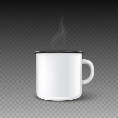 Vektör 3 d. Gerçekçi Enamel Metal Boş Beyaz Kupa. İçeceği Sıcak ve Dumanı Şeffaf Arkaplanda İzole Edildi. Ön Manzara. Çay, kahve fincanı. Model için Tasarım Şablonu