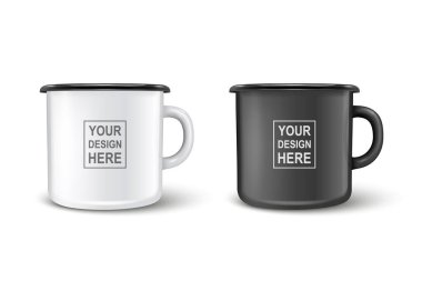 Vektör 3d Gerçekçi Enamel Metal Boş Beyaz ve Siyah Kupa Simgesi Beyaz Arkaplanda İzole Edildi. Ön Manzara. Çay, kahve fincanı. Model için Tasarım Şablonu