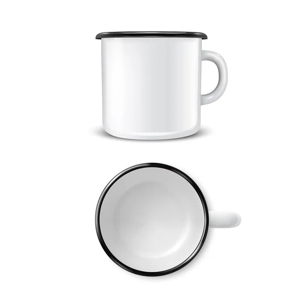 Vector 3D Realistische Emaille Metall Blank White Mug Isoliert auf weißem Hintergrund. Ansicht von vorne und von oben. Design-Vorlage für Mock up — Stockvektor