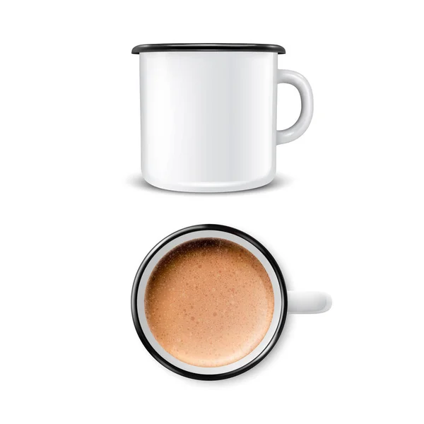 Vektor 3d realistické smalt Metal Blank Bílý hrnek s pěnou Mléko kávy uvnitř Izolované na bílém pozadí. Latte, Capuccino. Přední a horní pohled. Navrhnout šablonu pro posměch — Stockový vektor