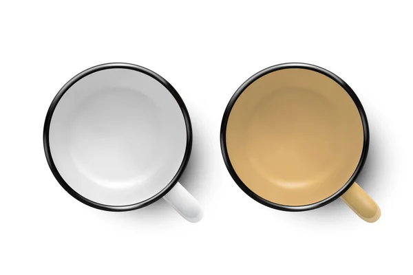 Vector 3d realista esmalte metal em branco branco e Brown Mug Icon Set isolado em fundo branco. Vista superior. Chá, café. Modelo de design para Mockup — Vetor de Stock