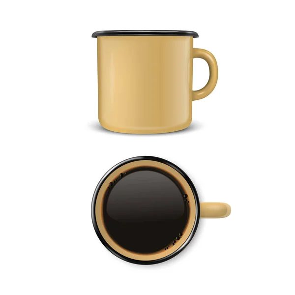Διάνυσμα 3d Ρεαλιστική Enamel Metal Κενό Καφέ Κούπα με Μαύρο Καφέ Μέσα Απομονωμένο Σε Λευκό Φόντο. Μπροστά και πάνω όψη. Πρότυπο σχεδίασης για το mock up — Διανυσματικό Αρχείο