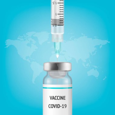 Vektör Banner, 3d şırıngalı Placard, Dünya Haritası Arkaplanındaki Ampul. Coronavirus Aşısı, 2019-nCoV, Covid-2019, Covid-19, Salgın, Salgın. Enfeksiyon ve Tehlikeli, Kitle Aşılama Konsepti