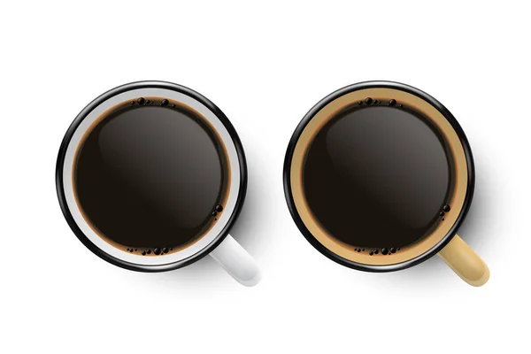 Tasse en métal en émail blanc et brun réaliste vectoriel 3d avec café noir à l'intérieur isolé sur fond blanc. Vue du dessus. Modèle de conception pour maquette — Image vectorielle