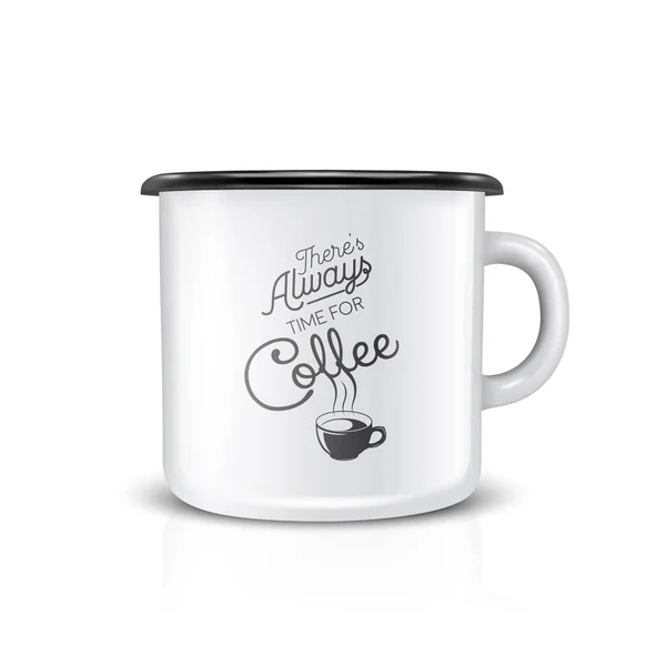 Taza blanca en blanco del metal del esmalte realista del vector 3d aislada en fondo blanco. Vista frontal. Té, taza de café con cita tipográfica, frase sobre el café. Plantilla de diseño para Mock up — Vector de stock