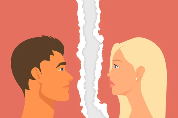 Couple divorcé. Sad People - Homme et Femme - Portrait Gros plan sur fond de papier déchiré. Quarrel, Scandal, Relationship Problems Concept. Illustration vectorielle de stock — Image vectorielle