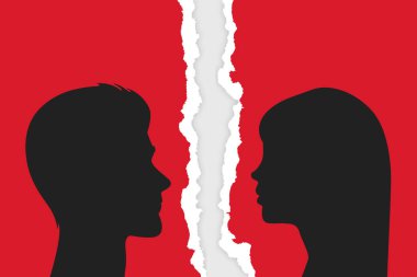Boşanma Çifti. İnsanlar - Erkek ve Kadın - Parçalanmış Kağıt Arkaplanda Siluet Kapanışı. Tartışma, Skandal, İlişki Sorunları Konsepti. Stock Vektör İllüstrasyonu