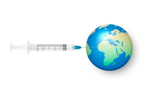Vector 3d Syringe and Earth Planet Isolated on White Background Coronavirus Vaccine, 2019-nCoV, Covid-2019, Covid-19, Epidemic, Pandemic. Інфекція і небезпечні масові вакцинації — стоковий вектор
