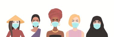 Farklı Milletler Kültürlerinin Birarada Duran Beş Maskeli Kadını. Afrikalı, Asyalı, Avrupalı, Arap. COVID-19, Coronavirus, Kadınların Arkadaşlığı, Feminizm, Kardeşlik Konsepti