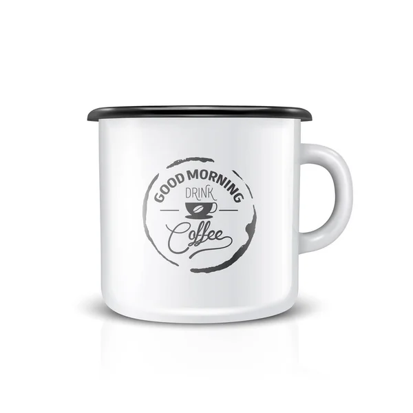 Taza blanca en blanco del metal del esmalte realista del vector 3d aislada en fondo blanco. Vista frontal. Té, taza de café con cita tipográfica, frase sobre el café. Plantilla de diseño para Mock up — Vector de stock