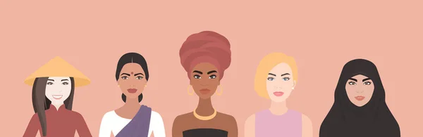 Öt többnemzetiségű nő, különböző nemzetiségű, összetartó kultúrák. Afrikai, ázsiai, európai, arab. Női barátság, Feminizmus, Testvériség, Női szerepvállalás Mozgalom, Szépségkoncepció — Stock Vector
