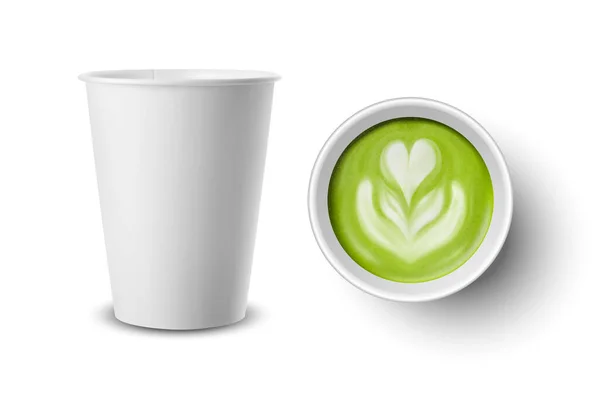 Vector 3d Realista papel blanco desechable taza conjunto aislado con leche verde Matcha espuma, flor, patrón de corazón. Stock Vector Illustration. Plantilla de diseño. Vista superior y frontal — Vector de stock