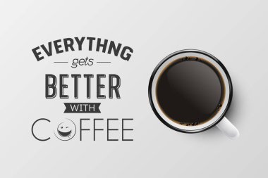 Vektör 3d Gerçekçi Enamel Metal Beyaz Kupa, Siyah Espresso ya da Beyaz Arkaplanda izole edilmiş Mocha Kahve. Tipografi Alıntısı, Kahve ile ilgili bir söz. Stock Illustration 'da. Üst Görünüm