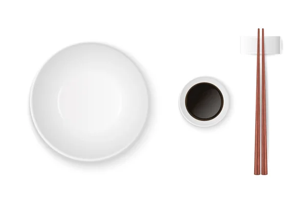 病媒3D现实碗，盘子，酱汁，木制筷子设置闭锁隔离。采购产品设计模板的食品标签,亚洲竹具,传统的日本文化餐具,调味.顶视图 — 图库矢量图片