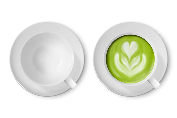 Vector 3d Realista taza de café blanco de cerámica, taza y platillo aislado sobre fondo blanco. Leche verde Matcha, flor de la espuma, patrón del corazón. Plantilla de diseño. Vista frontal y superior — Vector de stock