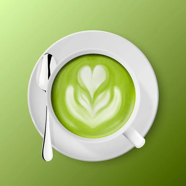 Vector 3d Realista taza de café blanco de cerámica, taza, platillo y cucharadita aislado sobre fondo verde. Leche verde Matcha, flor de la espuma, patrón del corazón. Plantilla de diseño. Vista superior — Vector de stock