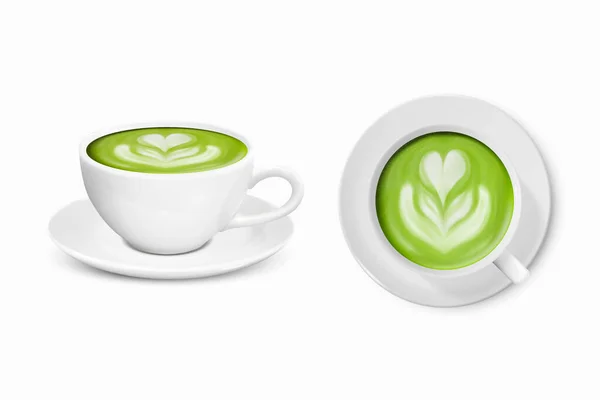 Vector 3d Realista taza de café blanco de cerámica, taza y platillo aislado sobre fondo blanco. Leche verde Matcha, flor de la espuma, patrón del corazón. Plantilla de diseño. Vista frontal y superior — Vector de stock