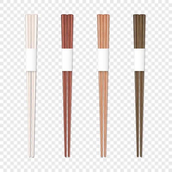 Vector 3d Realistic Wooden Choptches Set Closeup Isolated. ( 영어 ) Design Template of Food Sticks, Asian Bamboo Utenliles, Traditional Japanese Culture Dinnerware, Mockup. 위, 앞에서 본 광경 — 스톡 벡터