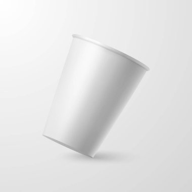 Vektör 3d Gerçekçi Kağıt Kağıt Harcanabilir Düşen Kahve veya Çay Fincanı Kapanışı Beyaz Arkaplan 'da izole edildi. Hisse Vektörü İllüstrasyonu. Mockup için tasarım şablonu. Ön Görünüm