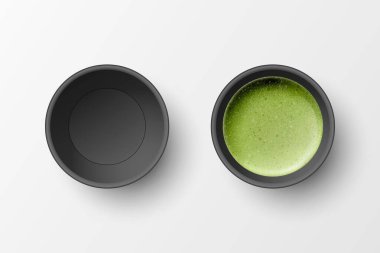 Vektör 3d Gerçekçi Kağıt Tek Kullanılabilir Kupa Seti Beyaz Arkaplanda izole edildi. Yeşil Süt Köpüğü Matcha. Hisse Vektörü İllüstrasyonu. Tasarım Şablonu. Üst Görünüm