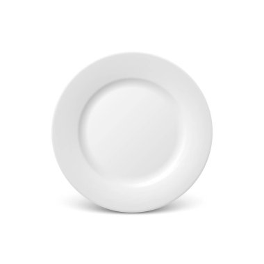 Vektör 3d Gerçekçi Parlak Beyaz Gıda Boş ve Boş Porselen Seramik Tabaka Beyaz Arkaplan 'da izole edildi. Tasarım Şablonu, Mock up up. Ön Görünüm