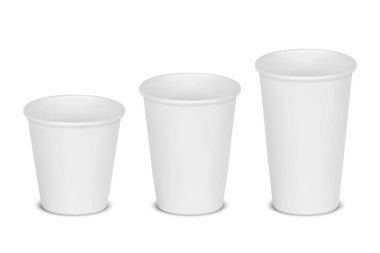 Vektör 3d Gerçekçi Kağıt Harcanabilir Boş Çay, Beyaz Arkaplan 'da izole kahve fincanı. Küçük, orta, büyük boy. Hisse Vektörü İllüstrasyonu. Tasarım Şablonu. Ön Görünüm