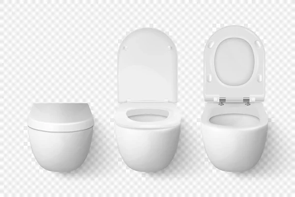Vector 3d Realistische weiße Keramik geschlossene, geöffnete Toilettenschüssel mit Deckel auf transparentem Hintergrund. Toilettenraum. Sanitär, Mockup, Design-Vorlage für den Innenraum, Reinigung, Hygienekonzept. Frontansicht — Stockvektor