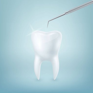 Vektör 3d Gerçekçi Diş ve Diş Kapanışı Araştırması Mavi Arkaplanda. Tıbbi Dişçi Aracı. Tasarım Şablonu, Clipart, Mockup. Diş Hekimliği, Sağlık, Hijyen Konsepti