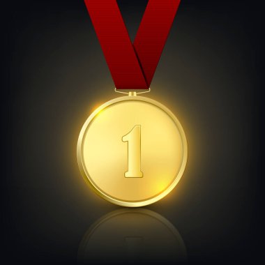 Vektör 3d Kırmızı Kurdeleli Gerçekçi Altın Madalya. Zafer Konsepti. Birincilik Nişanı Karanlık Arkaplan 'da yakın plan. Ön Görünüm