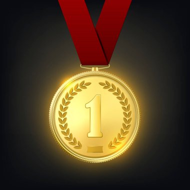 Vektör 3d Kırmızı Kurdeleli Gerçekçi Altın Madalya. Zafer Konsepti. Birincilik Nişanı Karanlık Arkaplan 'da yakın plan. Ön Görünüm