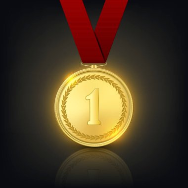 Vektör 3d Kırmızı Kurdeleli Gerçekçi Altın Madalya. Zafer Konsepti. Birincilik Nişanı Karanlık Arkaplan 'da yakın plan. Ön Görünüm