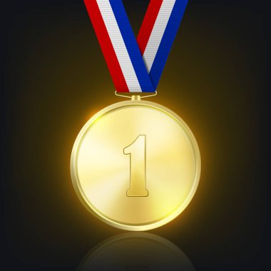 Vektör 3d Karanlık Arkaplanda Çizgili Üçrenkli Kurdeleli Parlak Altın Kazanç Madalyası. Zafer Konsepti. Siyah Arkaplanda Yansıma ile Birincilik Rozeti Yaklaştır. Ön Üst Görünüm