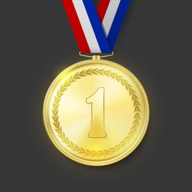 Vektör 3d Karanlık Arkaplanda Çizgili Kurdeleli Parlak Altın Kazanç Madalyası. Zafer Konsepti. Parlak Birincilik Rozeti Siyah Arkaplan 'a yakın çekim. Ön ya da Üst Görünüm